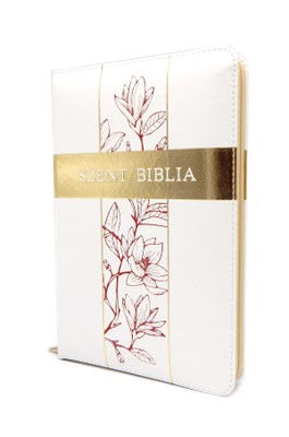 Biblia Károli közepes fehér liliom regiszteres cipzáras