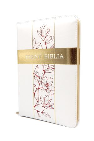 Biblia Károli közepes fehér liliom regiszteres cipzáras